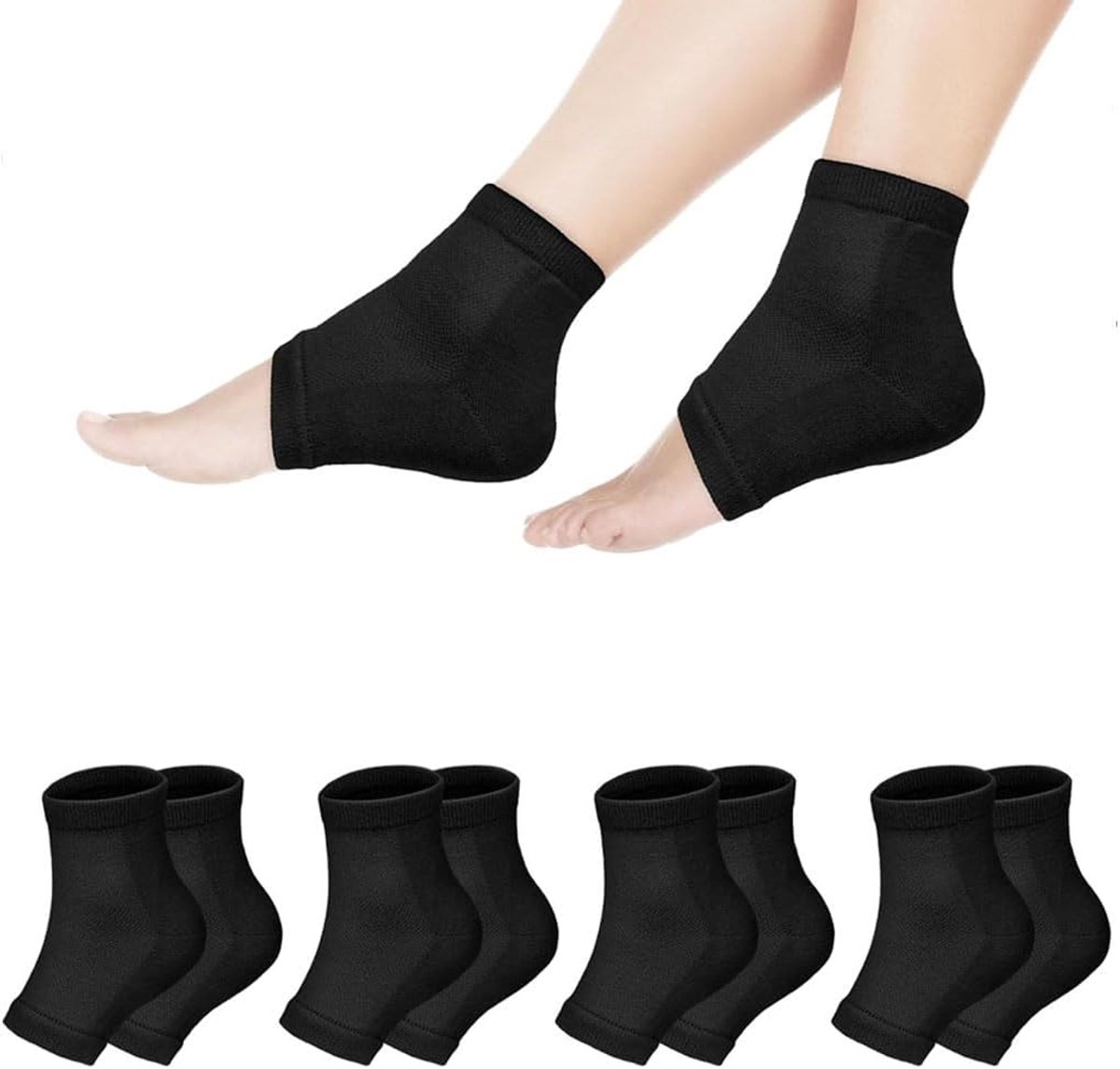 4 paar hielsokken met hielkussen, siliconen sokken, teenvrije sokken, gel hielbescherming, schoeninlegzolen, zwart, pantoffels, ontspanning, comfort, dagelijkse verzorging