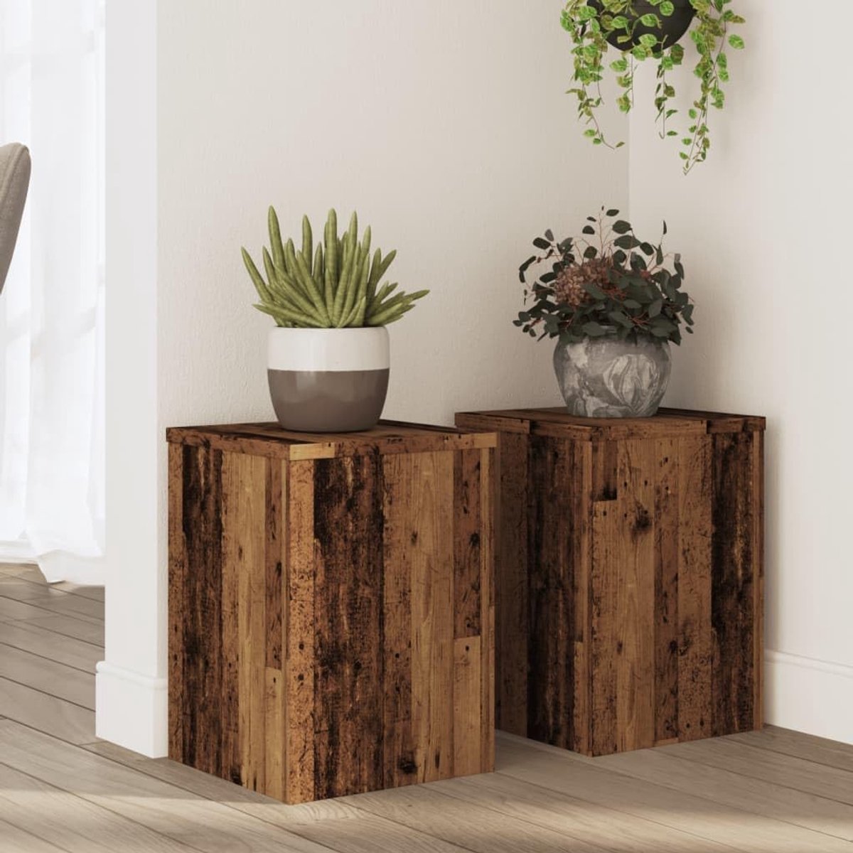 2 stuks. Oude houtlook 25x25x35 cm van houtmateriaal, stabiele plantentafel met holle constructie, tijdloos design voor decoratie
