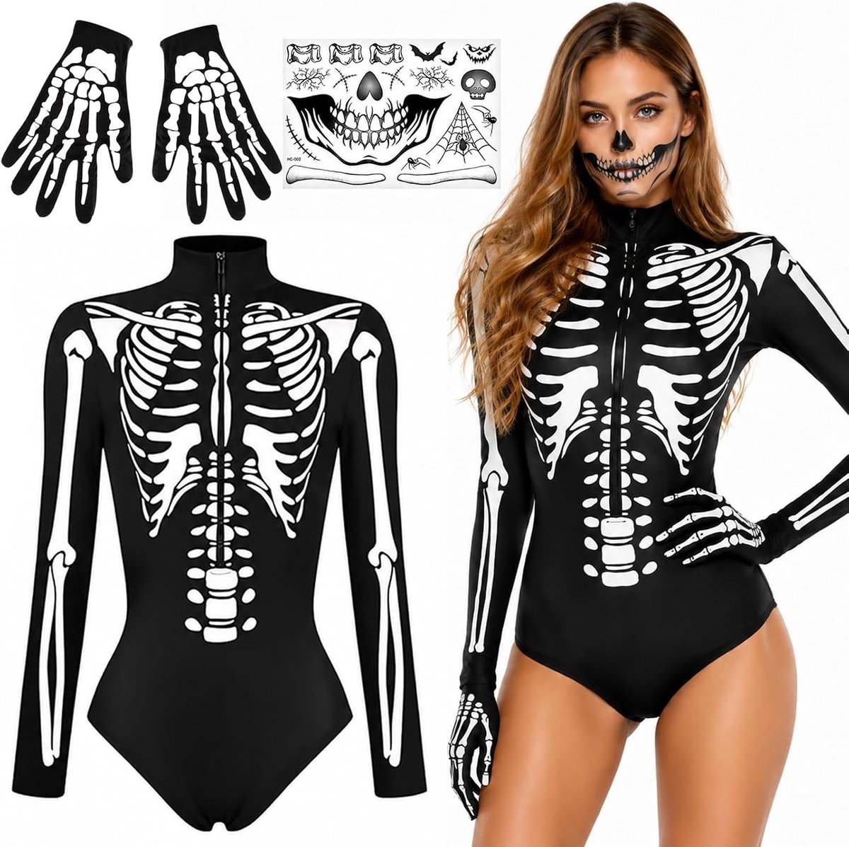Skeletkostuum voor dames, Halloween-kostuum voor dames, carnavalskostuum, shapewear body, skeletkostuum, carnavalskostuums met handschoenen, gezichtstatoeages, dag van de doden, kostuum voor vrouwen