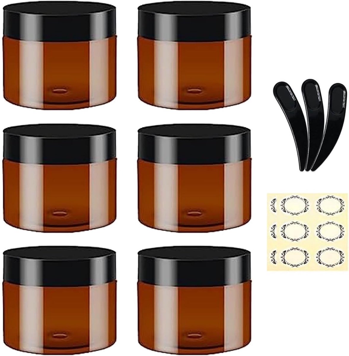Ronde Cosmetische Potjes - 6 Stuks 100ml Lege Amber Plastic Jars met Zwarte Deksels, Inclusief 3 Spatels en 6 Labels - Herbruikbare Reiskoffers voor Lotion, Zalf, Crème en Gel Opslag
