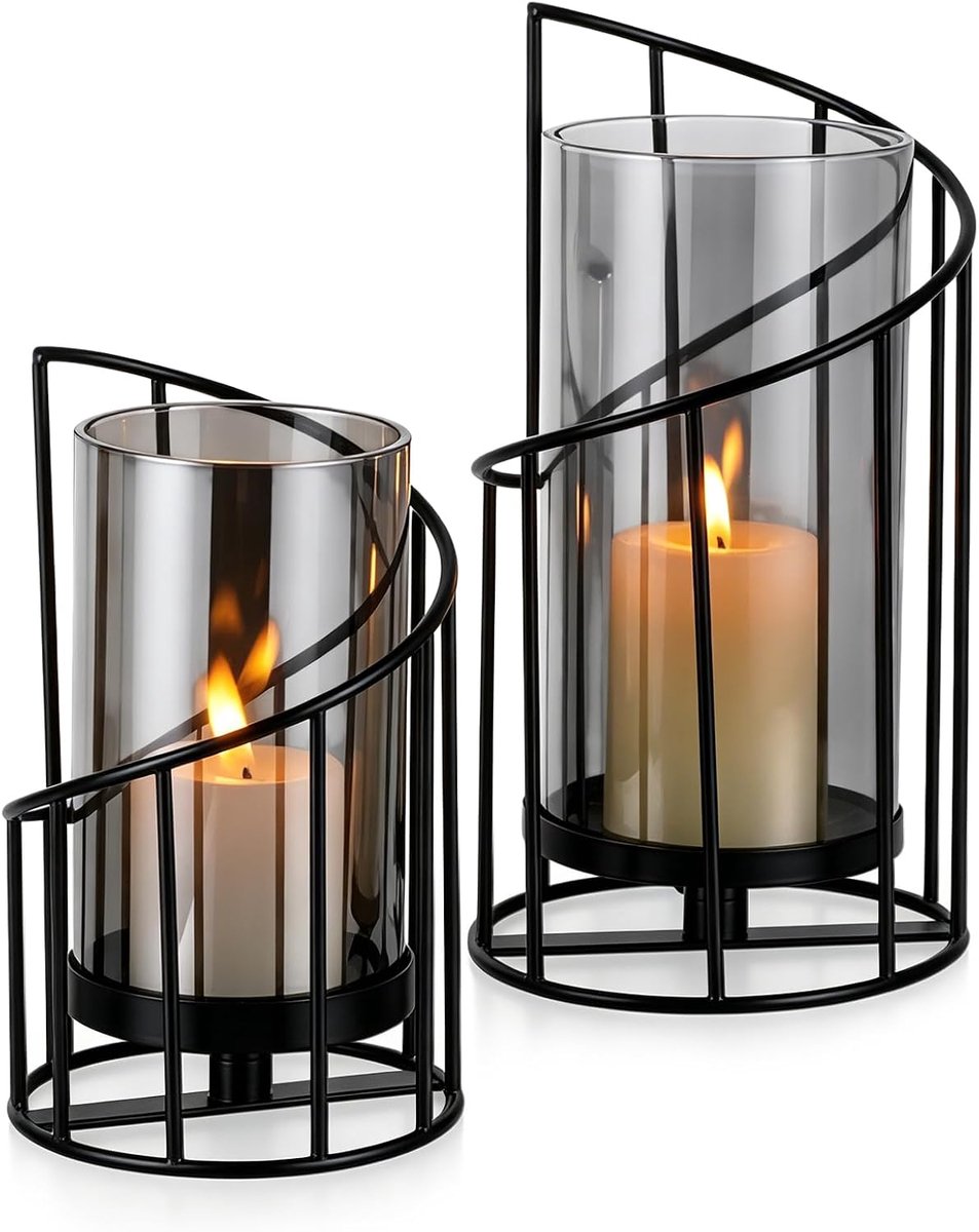 2 stuks zwarte windlichten voor buiten, kandelaar, windlicht glazen kandelaar, tafeldecoratie buiten, moderne lantaarns voor stompkaarsen