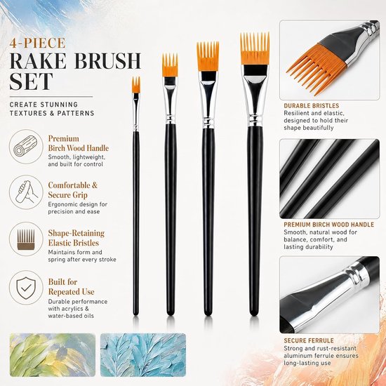 Set van 4 kampenselen voor kunstenaars, acrylverf, aquarel met berkenhouten handvat, acrylpenselen, penselen voor acrylverf, gestructureerde kunstpenselensets voor wenskaarten en knutselwerk — afbeelding 5