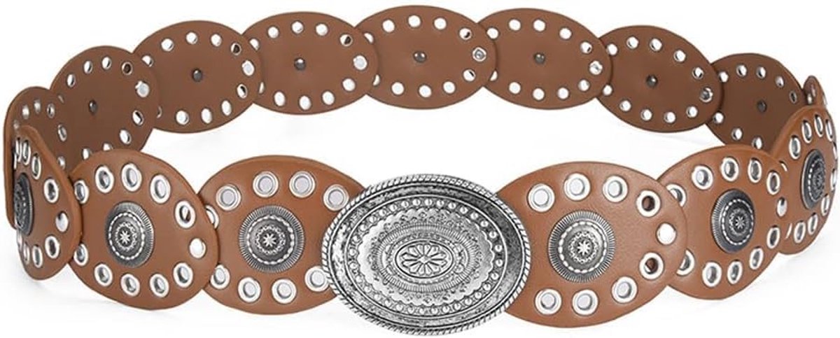 Women's Vintage Round Head Belt Wide Round Head Metal Disc Western Belt Cowboy Style Adjustable Elastic Belt (Camel) - ShopVlot