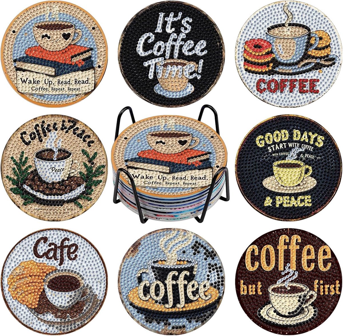 Coasters met diamanten schilderkunst - 8-delig met houder - DIY kunst voor volwassenen en kinderen - ShopVlot