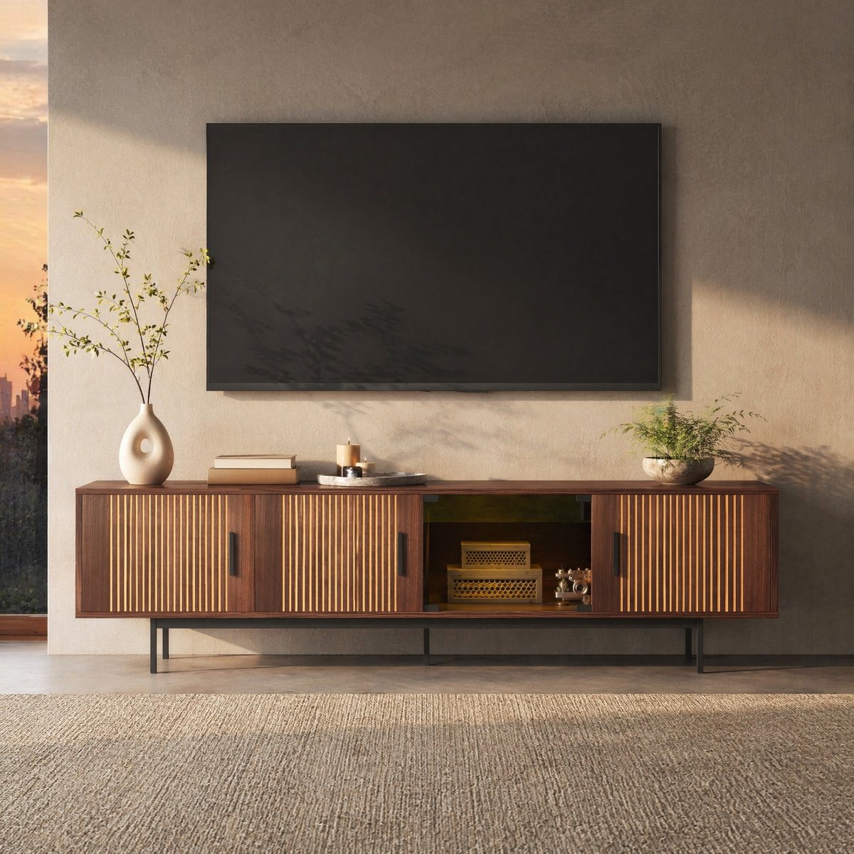 WUVRIE TV-meubel 200x35x53 cm - LED-lichtstrip met Bluetooth en appbediening - Walnootbruin/zwart