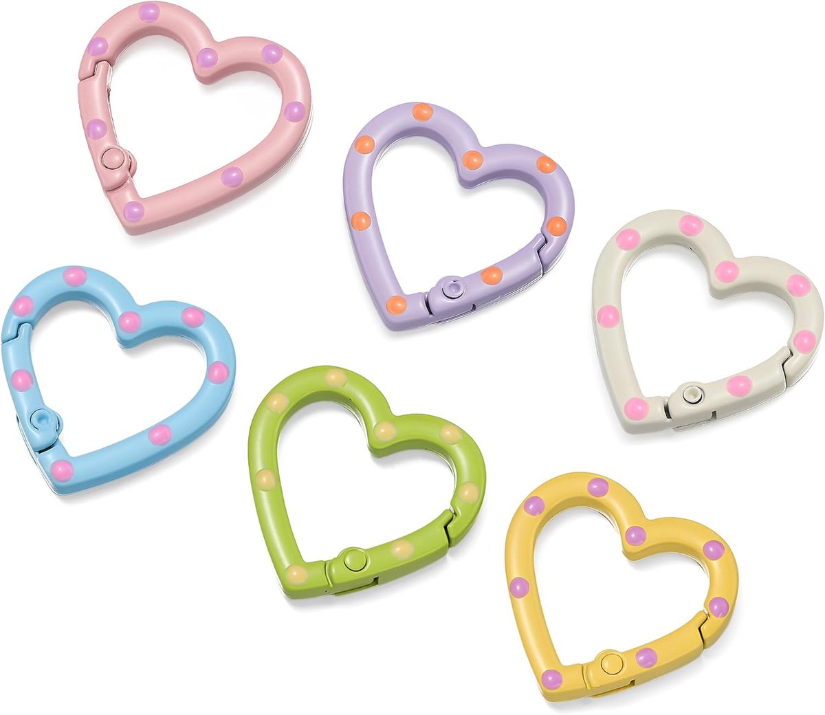 Pack of 6 Heart Key Rings Carabiner Hooks Colorful Heart Shaped Metal Carabiner with Dots, Mini Carabiner for Bag - ShopVlot