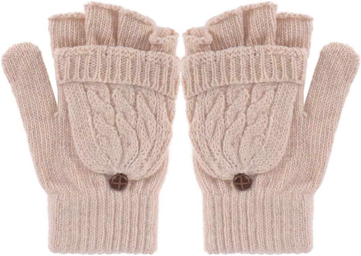 Women's Knitted Winter Gloves Half Finger Gloves with Wool Folding Mittens for Protection Against Cold Beige - ShopVlot