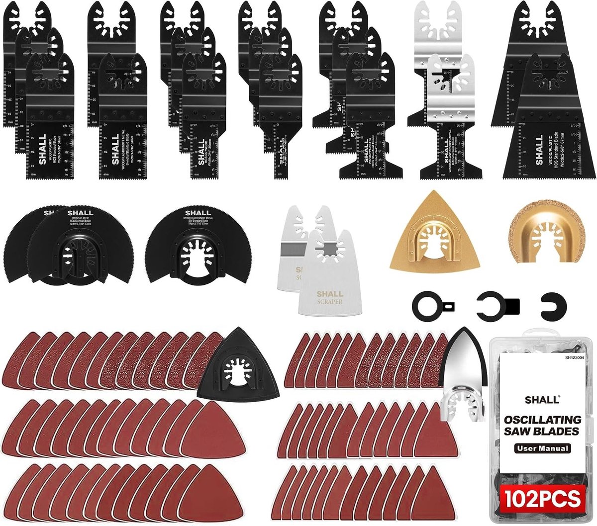 102-delige Multitool Bladen Set, Oscillerende Multitool Accessoires, HCS & Bimetalen Bladen, Schuurpad en Papier, Schraper, Carbide Grater, Dremel/Bosch/C-Clip Adapter, Opbergdoos voor Klusprojecten
