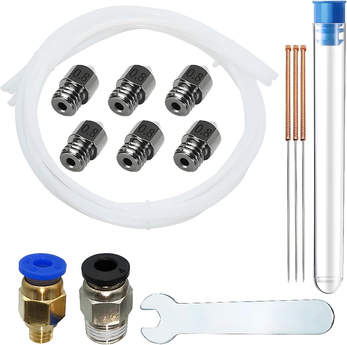 CESFONJER Hardened Steel Nozzles, Pack of 6 Hardened Steel 0.8 mm with PC4-M6-M10 (1P + 1P), 3 x 1 m Teflon Hose, 3 x - ShopVlot