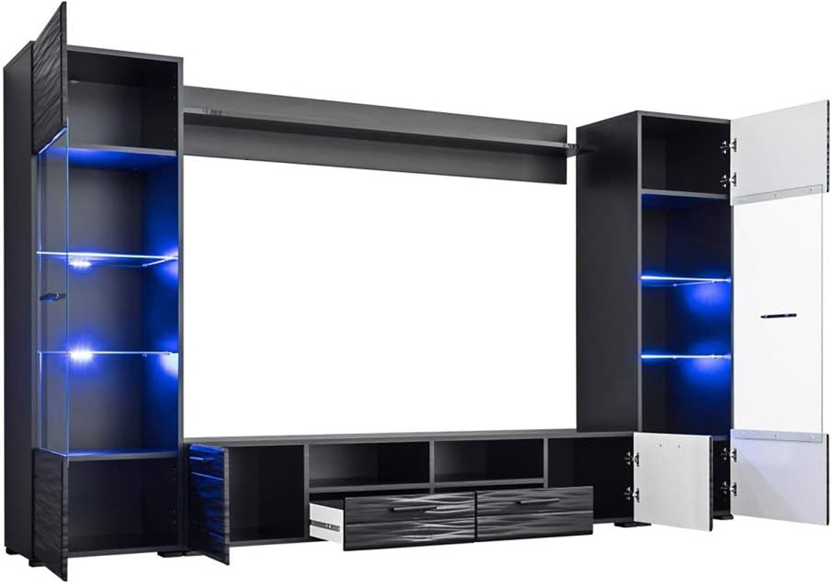 TV Meubel 260 cm Wandunit Met Laagkast En Vitrinekasten - Industrohome