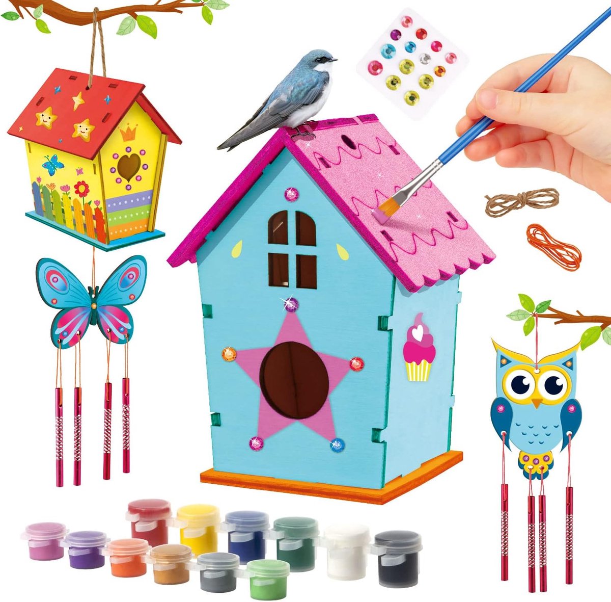 Vogelhuis, windspel, knutselset voor kinderen, doe-het-zelf set, 2 stuks, knutselset voor kinderen om te bouwen en te schilderen, vlinderdecoratie, vogelhuis, bouwpakket voor kinderen, van