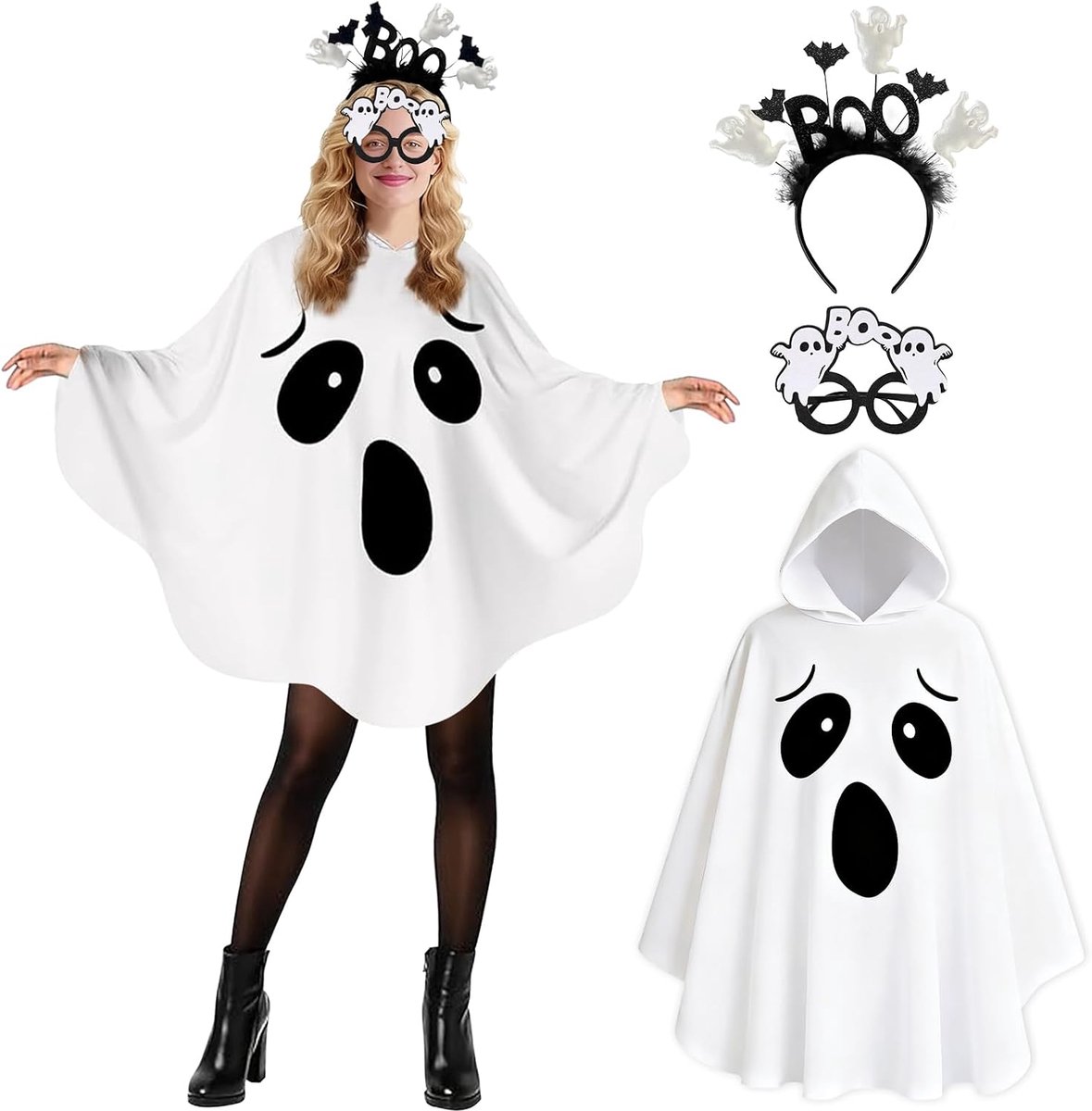 3-delig spookkostuum voor dames, Halloween, spookkostuum met capuchon voor volwassenen, voor Halloween, carnaval, cosplay, maskerade, feestjes