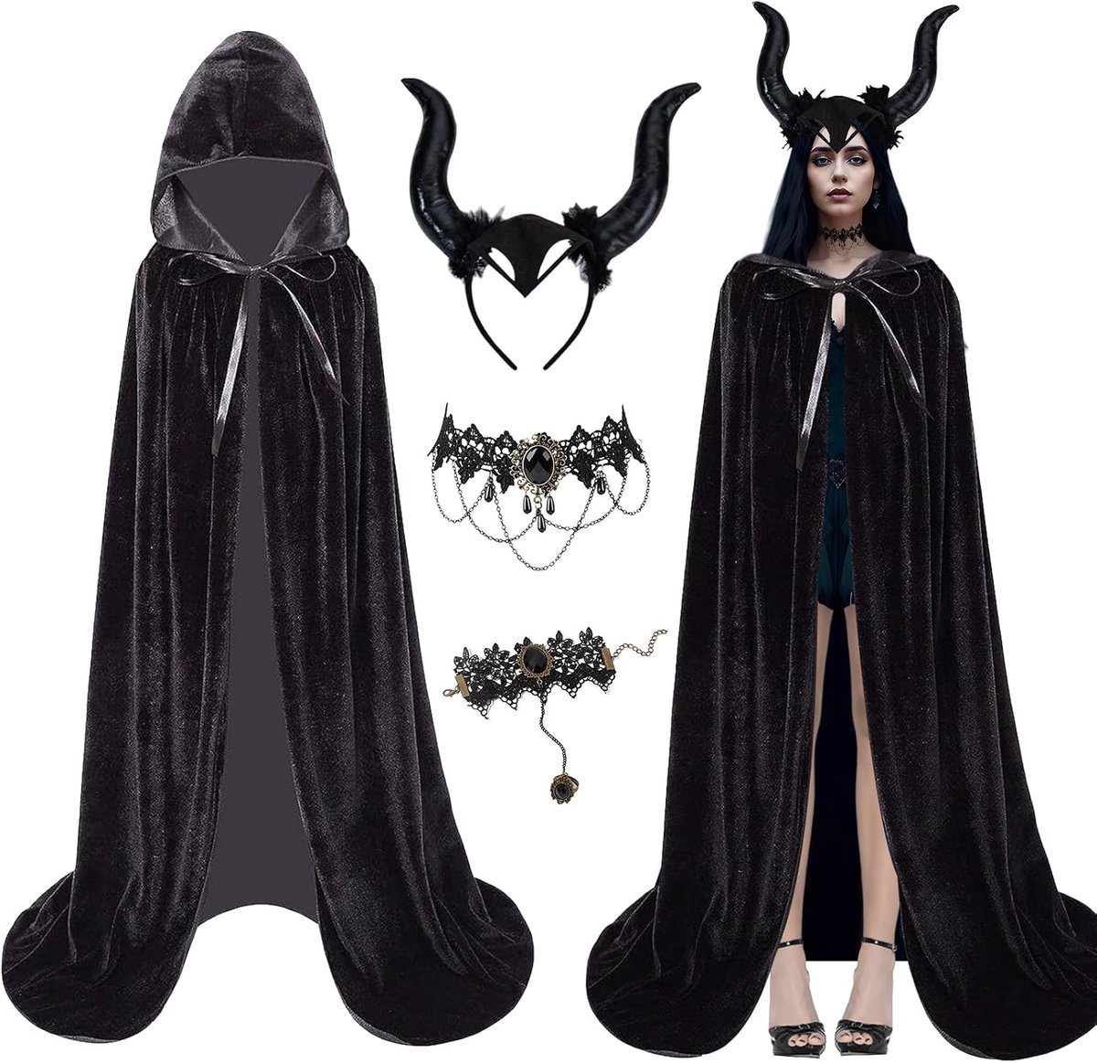4 stuks Halloween koningin hoornhelmen kostuumset, koningin hoorns duivel hoofdtooi dames, zwarte cape met capuchon met duivelshoorns gothic kant halsketting carnavalskostuum accessoire