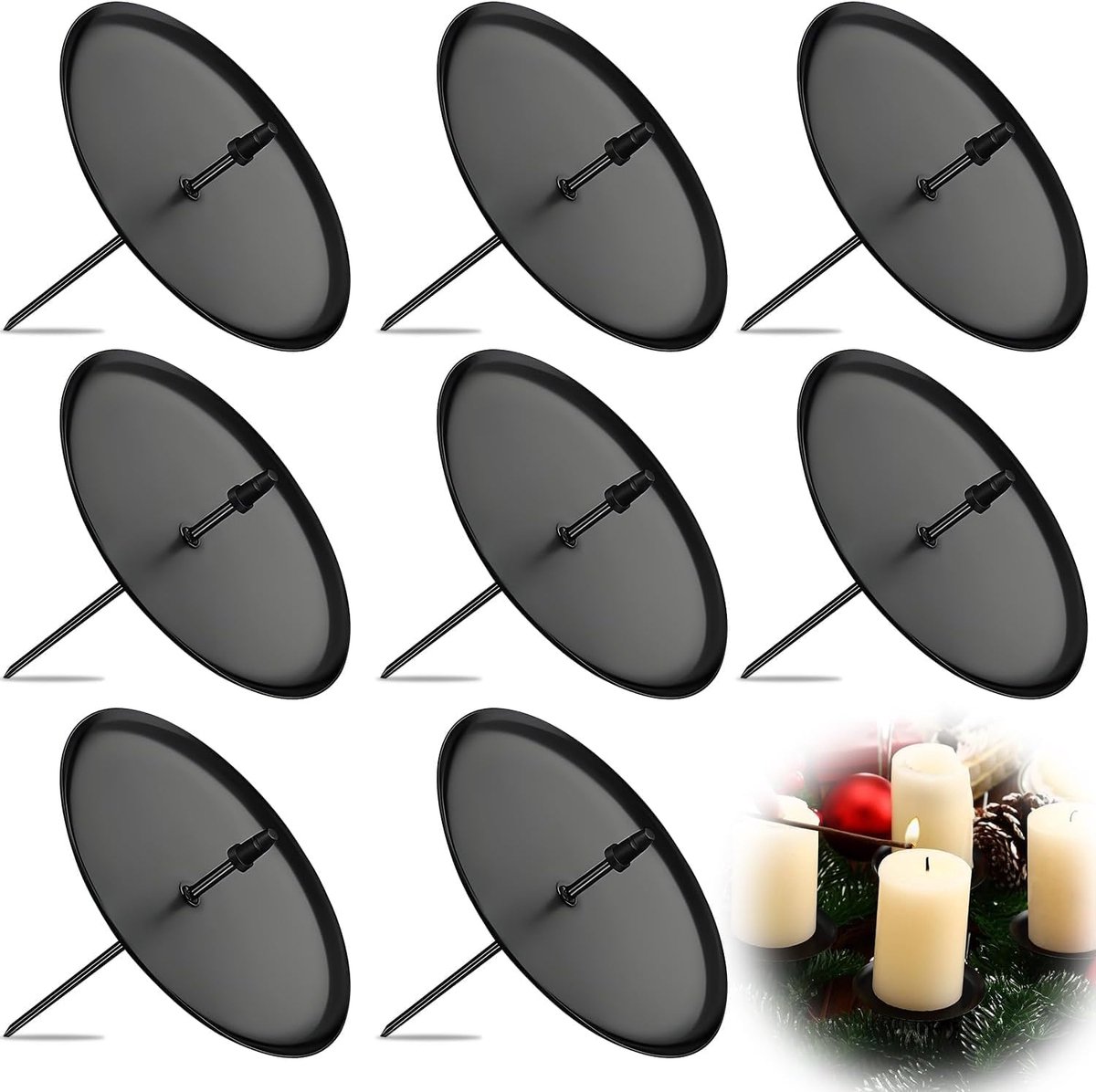 8 stuks kandelaars adventskrans, 8 cm kaarsenstandaard, stompkaarsen van metaal, adventskaarsenhouder met doorn, kaarsenhouder voor adventskrans (zwart)