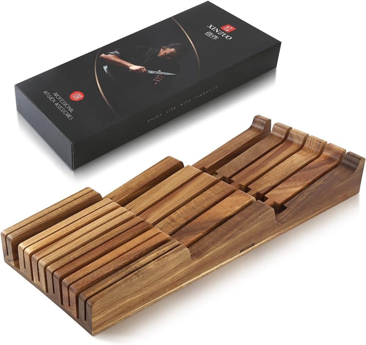 Houten messenhouder voor de keuken, geschikt voor 10 messen en slijpstaal, 43.7 x 18.3 x 5.3 cm
