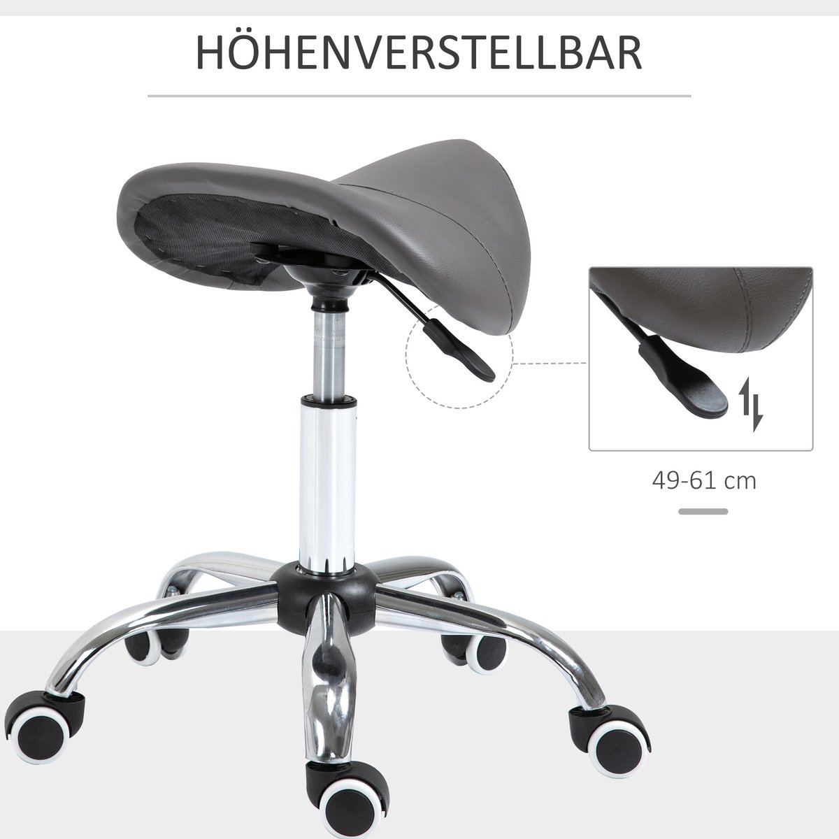 Zadelkruk - in hoogte verstelbaar 49-61 cm, 360° draaibaar, op wielen, zadelzitting, kunstleer, donkergrijs, voor kantoor en thuis