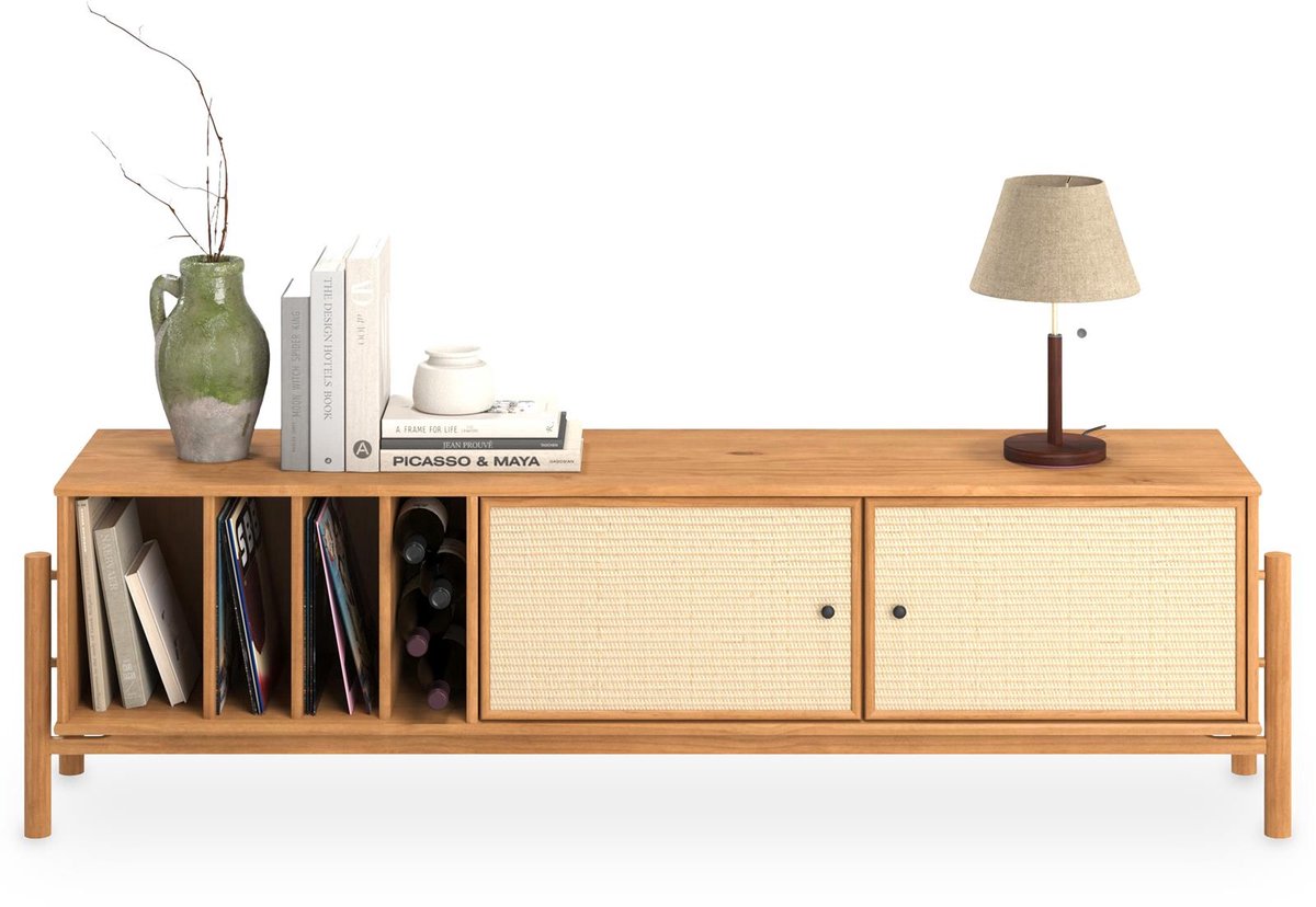 Lowboard MONA 170 cm van massief hout met rotanvlechtwerk – eikenhouten afwerking