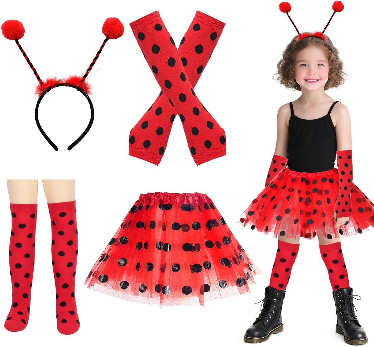 Lieveheersbeestjeskostuum voor kinderen, 4-delig lieveheersbeestjeskostuum voor meisjes met rode tutu-rok, lange sokken, vingerloze handschoenen en lieveheersbeestjeshoofdband voor kinderen