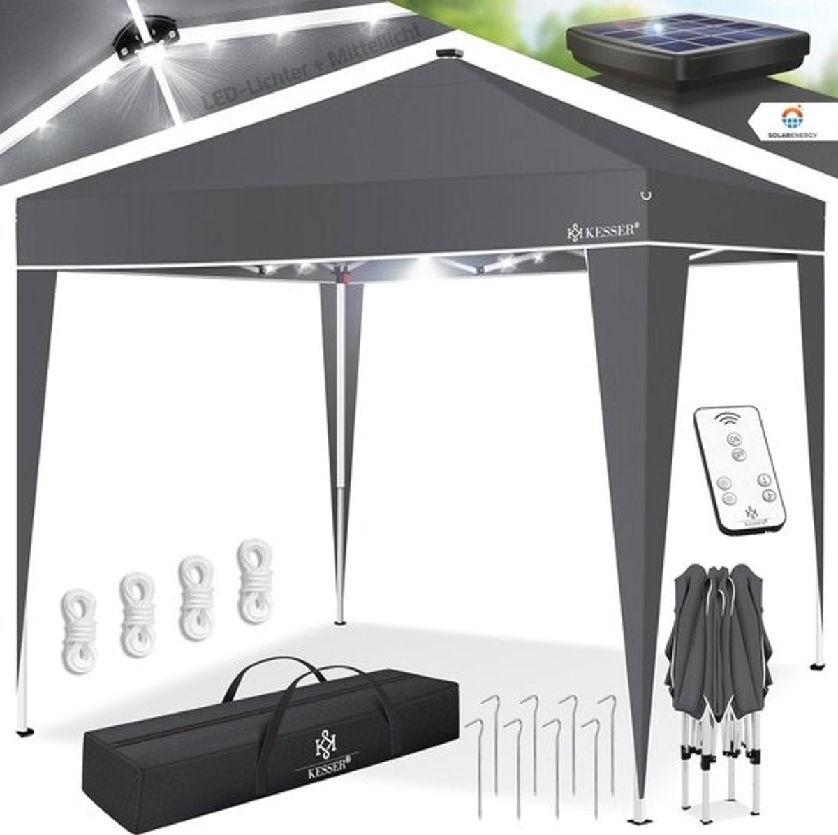 Vouwpaviljoen - met ledverlichting - 3 x 3 m - Waterdicht - in hoogte verstelbaar - op zonne-energie - Ideaal voor buiten