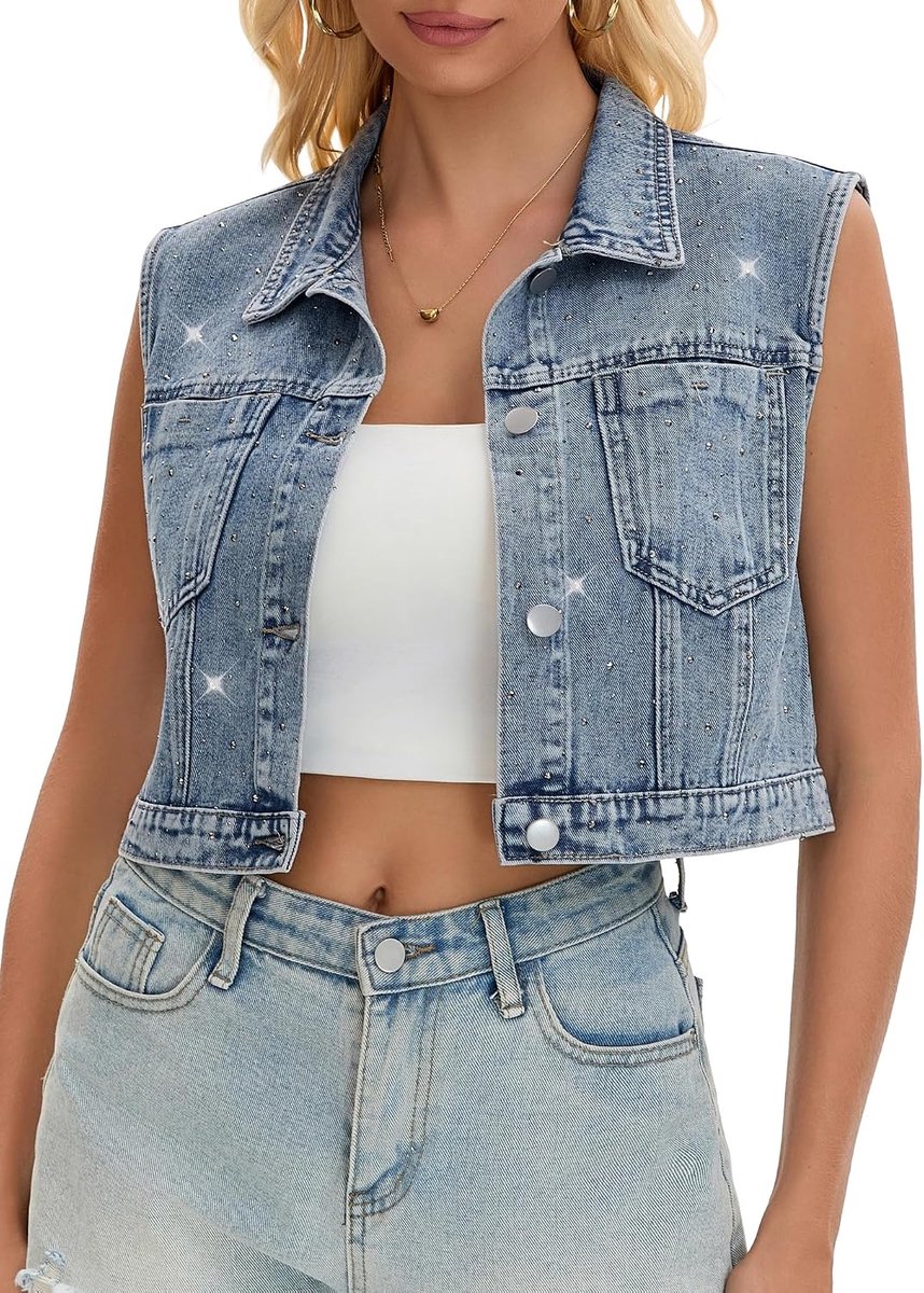 Jeansvest voor dames, geknoopte jas met strasssteentjes, gewassen, mouwloos