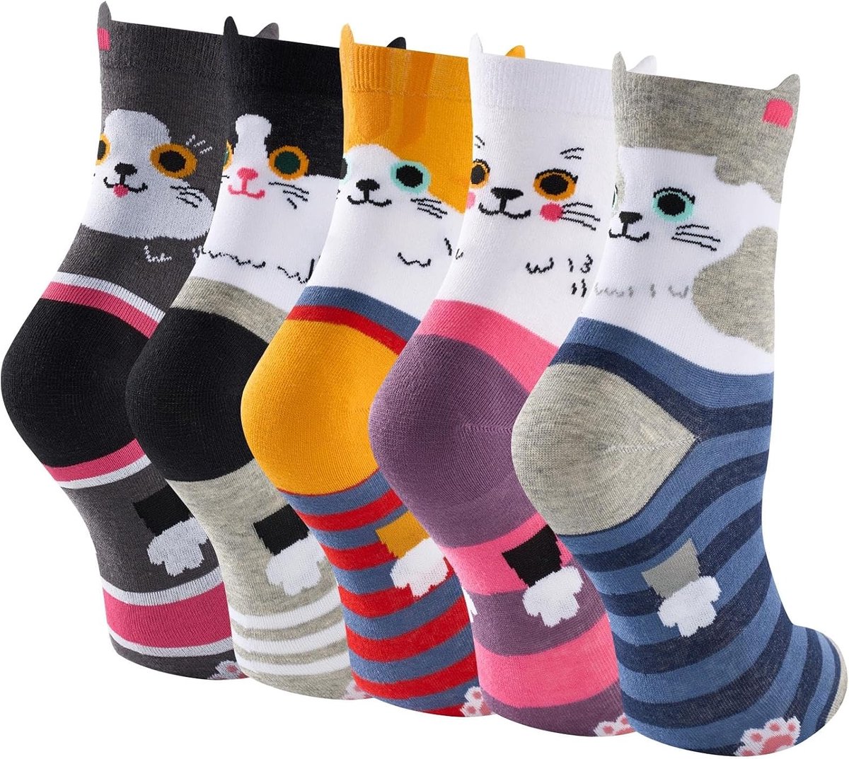 Sokken voor dames, kleurrijke kattensokken, 5 paar, maat