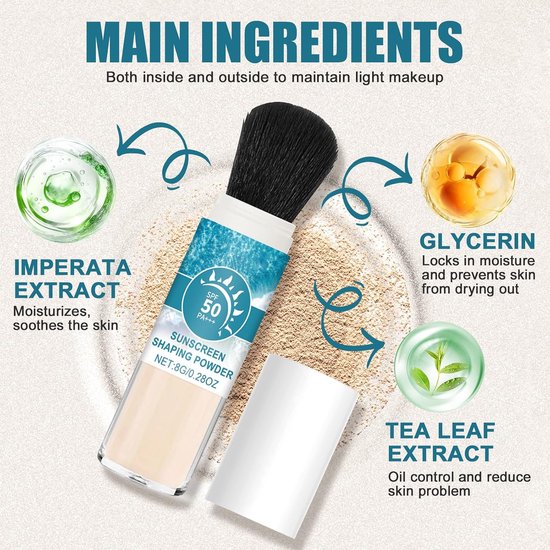 Sunscreen Setting Powder voor het gezicht met kwast, SPF 50, oliecontrole, lichtdoorlatend, licht, ademend en duurzaam, zonwering voor alle huidtypes — afbeelding 3