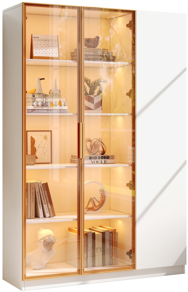 LONG DRAGON Glasvitrine, hoogte 165 cm – driedeursvitrine met LED-verlichting, licht in meerdere kleuren verstelbaar, vrijstaande vitrine met veiligheidsglas, verstelbare legplanken en kantelbeveiliging, witte vitrine, wijnkast