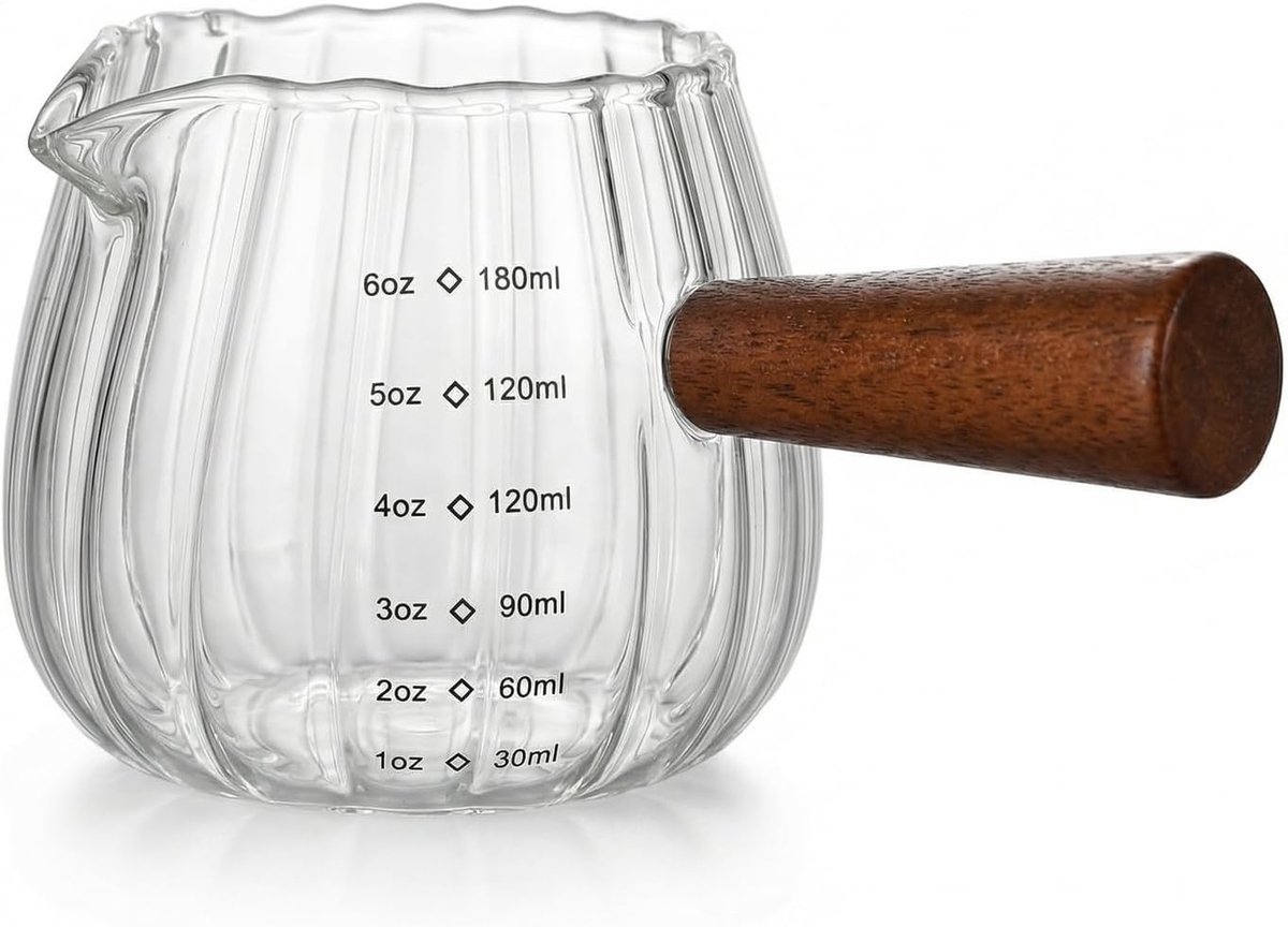 180 ml Glazen Maatbeker, Borosilicaatglas met Houten Handvat, Hittebestendig met Maatverdeling & V-Tuit, Retro Design voor Koffie en Bakken