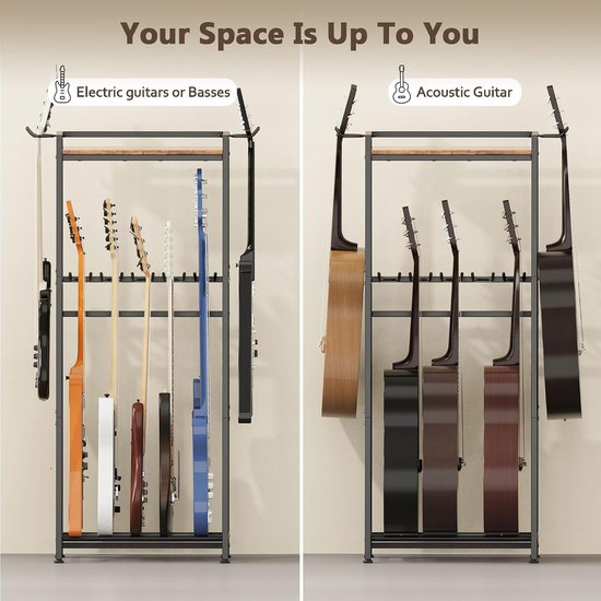 2 verdiepingen gitaarhouder voor 5-7 akoestische gitaar, elektrische gitaar, bas, viool, ukelele, banjo platenspeler standaard, frame gitaaraccessoirestandaard (Zwart + Zwart) — afbeelding 2