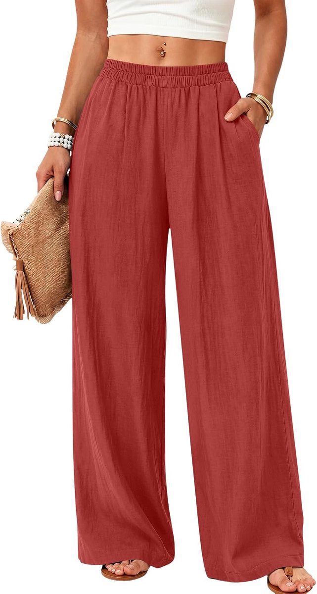 Linnen broek dames wijde pijpen pull on zomerbroek met zakken