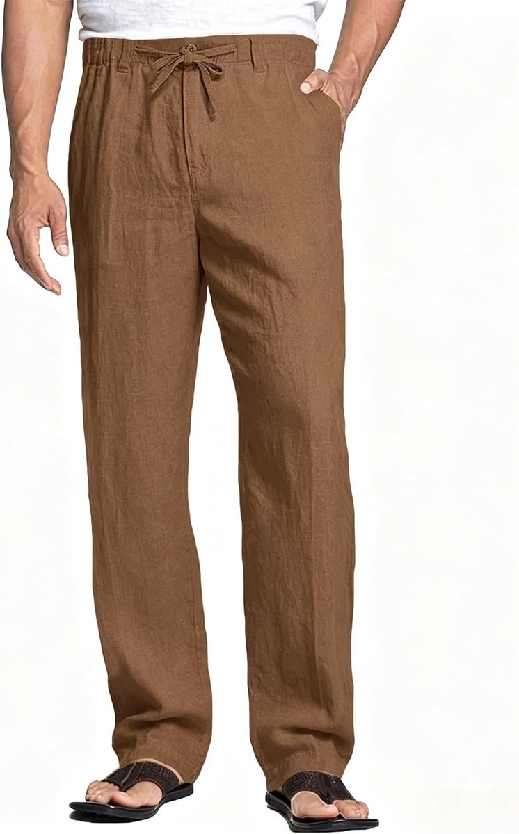 Heren Linnen Broek Lichtgewicht, Zomerbroek Casual, Strandbroek met Trekkoord en Zakken voor Vakantie