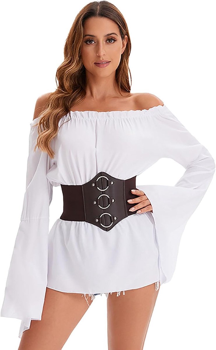 Damesblouse, renaissance, tops, schoudervrij, trompetmouwen, Victoriaanse ruches, lange mouwen, middeleeuwse blouse met korset, taille, riem, piratenkostuum