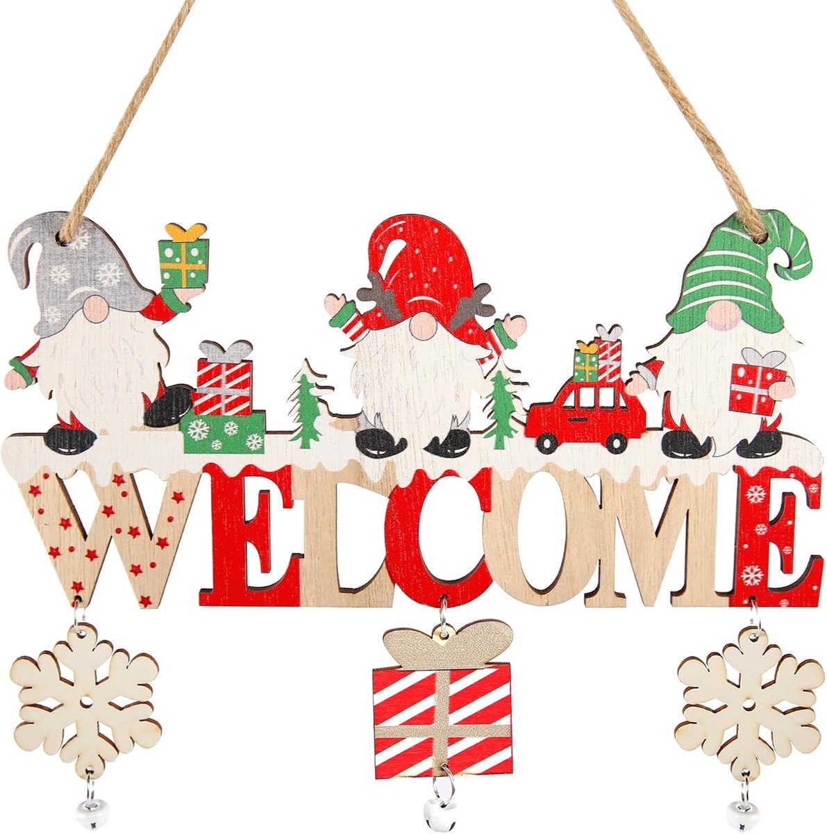 Hangende kerstdecoratie, houten hanger, opschrift met kerstman en sneeuwvlok, kerstdecoratie voor raam of muur