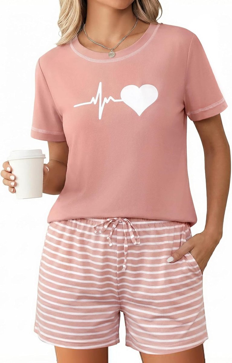 Korte pyjamaset van katoenmix, zomernachtkleding, tweedelig met printmotief, shirt met korte mouwen en shorts, loungewear set voor vrouwen