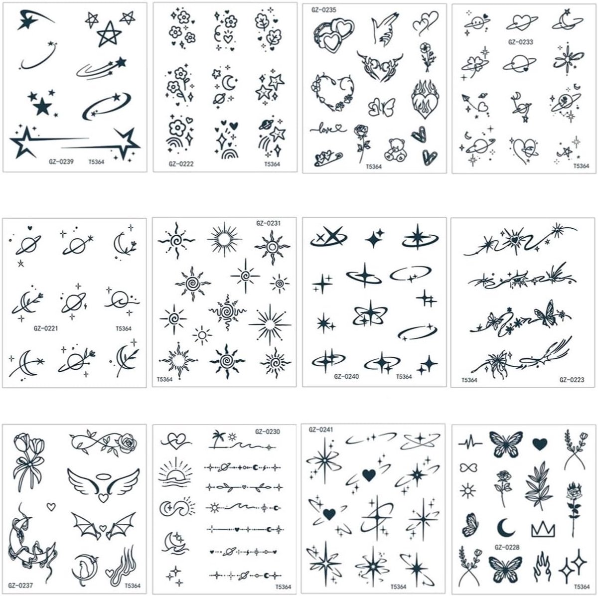Tijdelijke tatoeages, hemelsblauw, 12 vellen nep-tatoeages, zon, maan, sterren, met boho-stijl voor volwassenen, semi-permanente tatoeages, 2 weken, tijdelijke tatoeages voor dames voor