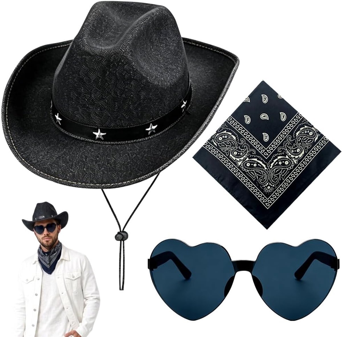 Cowboykostuum Accessoires Hoed Bandana's Zonnebrillen Westernkledingaccessoires Cowboyhoeden Cowboykostuum Accessoires Sets Cowgirlhoeden Volwassen voor Carnaval Halloween(Zwart)