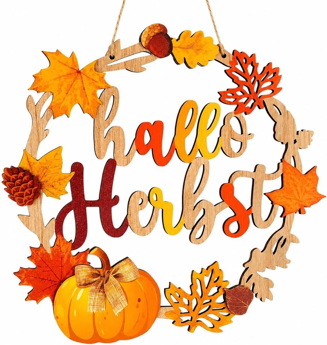 Ronde hangkrans, herfstmuur en deurdecoratie, versierde pompoen, esdoornbladeren en eikels, decoratief bord voor thuis, herfstfeest en thanksgiving