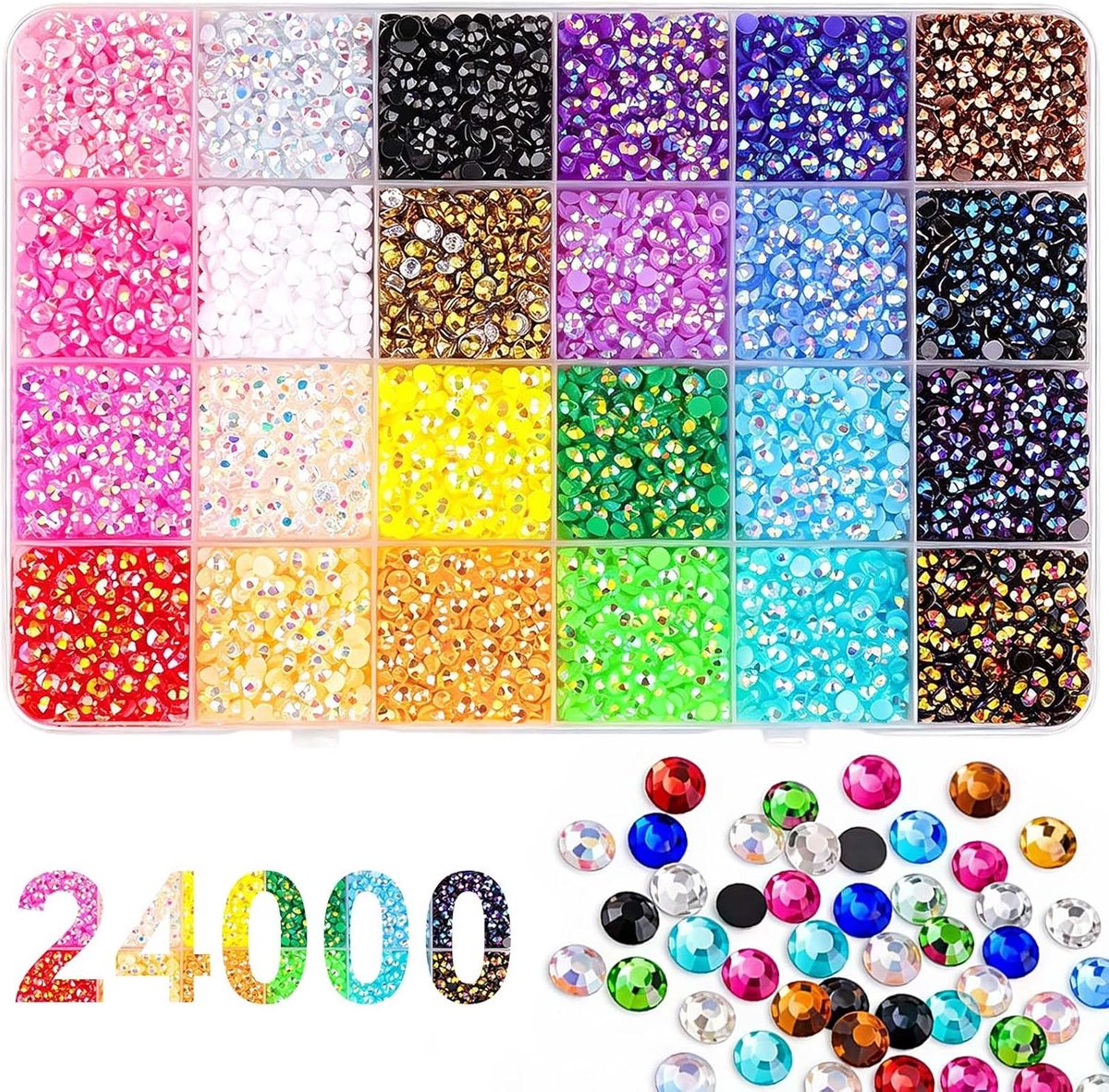 Set van 24.000 stuks, 24 kleuren, glitterstenen om te knutselen, 3 mm, glitterstenenset, bedazzling kit, hars, strass-steentjes voor nageldesign, knutselen, doe-het-zelf