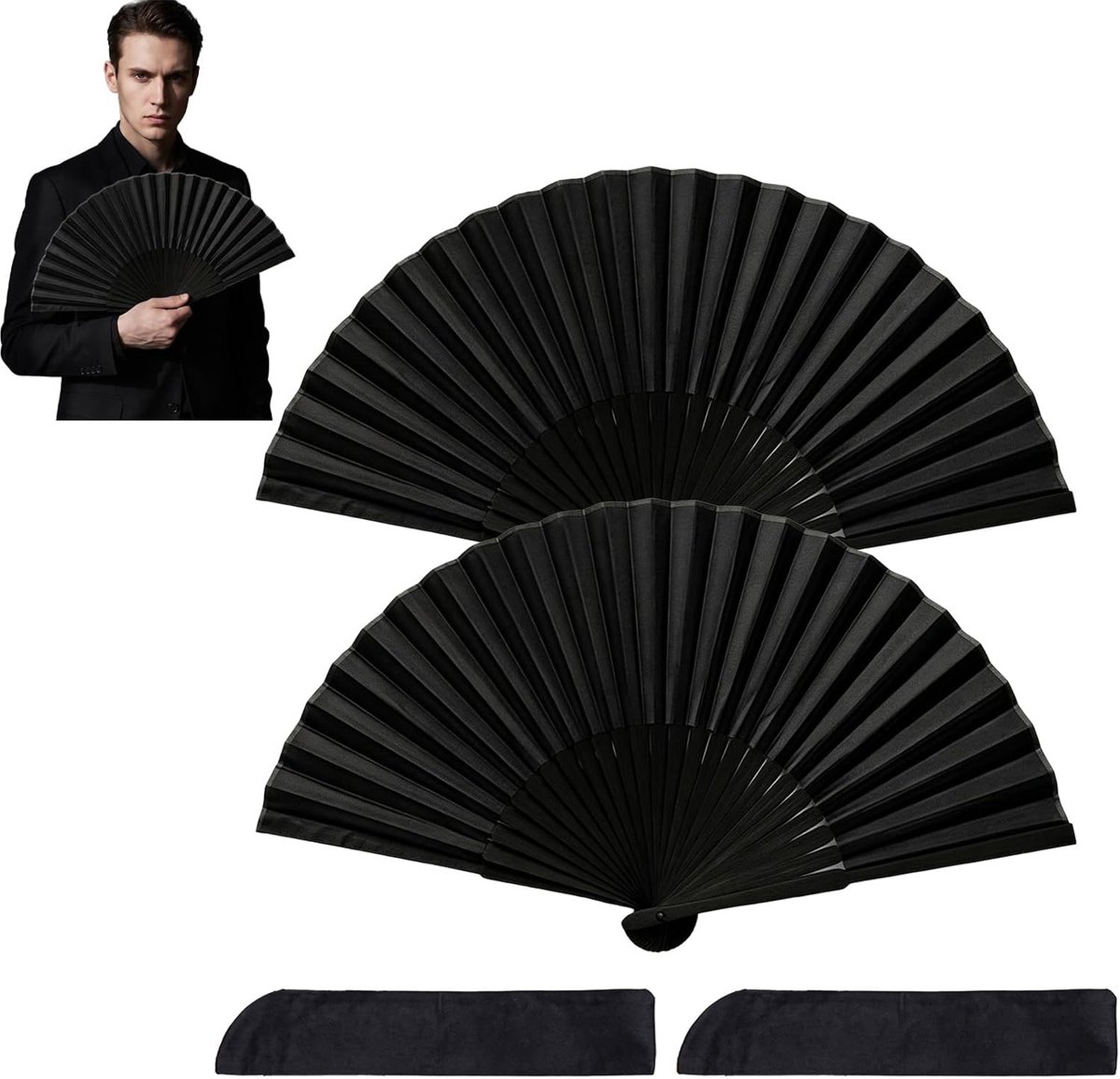 Waaiers, zwart, 2 stuks, met opbergzakken, Chinese en Japanse stijl, draagbare handwaaier voor bruiloft, dans, feesten, decoratie en zomer, licht, elegant en praktisch accessoire