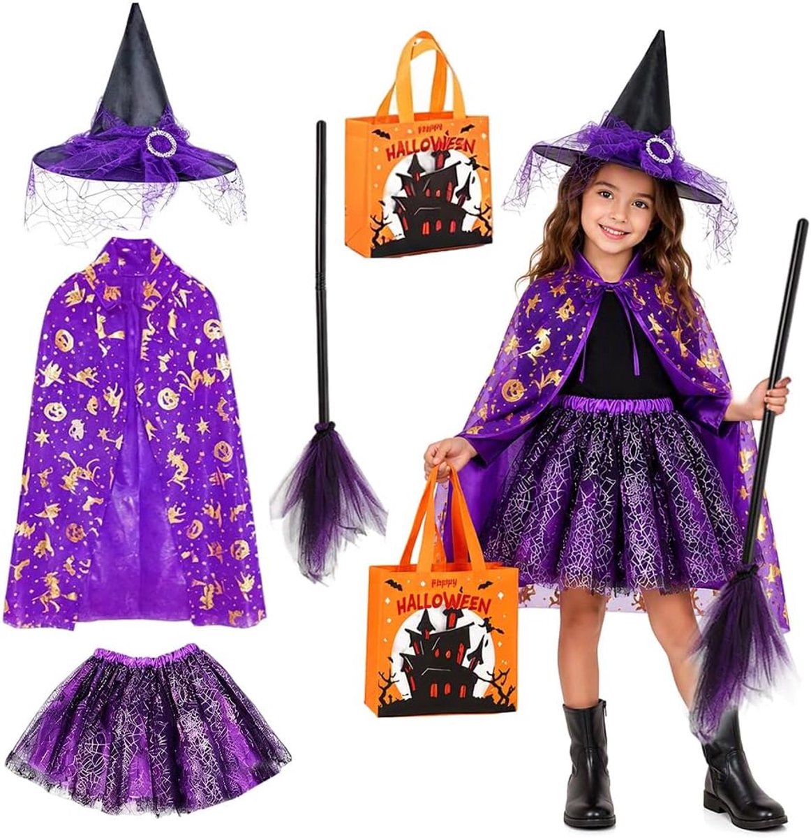 Heksenkostuum voor meisjes, heksenverkleedset voor meisjes, Halloween, carnaval, themafeest (paars)