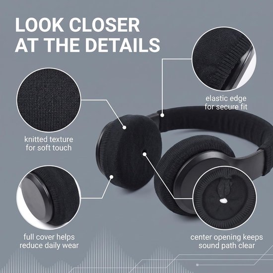 1 paar hoofdtelefoonhoezen, zweetbescherming, wasbaar, gebreide stof, rekbaar, oorbescherming voor hoofdtelefoon van 6 tot 7,5 cm, ideaal voor sport, gym en gaming, zwart — afbeelding 5