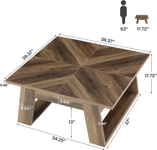 Afmetingen vierkante salontafel: 100 x 100 x 45 cm, met U-vormige poten, met gedetailleerde afmetingen van het tafelblad en de poten.