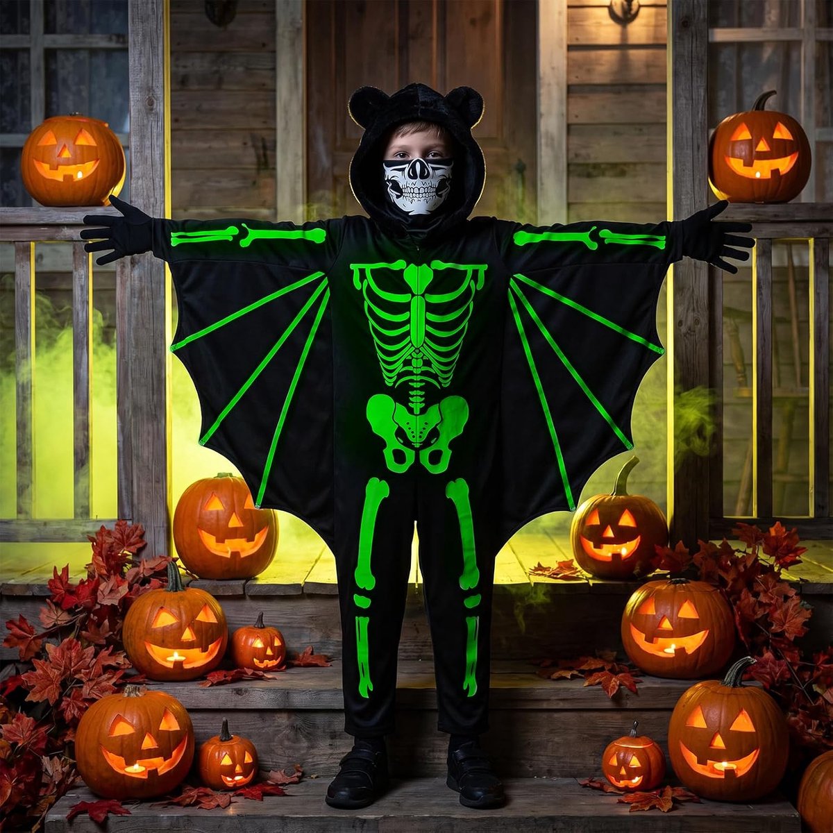 Vleermuiskostuum voor kinderen, skeletkostuum voor kinderen, Glow in The Dark, Halloween-kostuum met capuchon en vleugels, voor jongens en meisjes, met skelet en masker voor Halloween