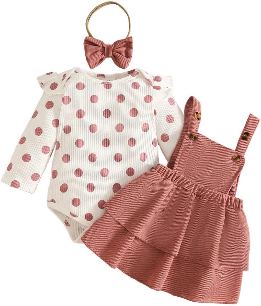 Zomer- en herfstkleding voor babymeisjes, schattige print, korte mouwen, top met dragerrok en hoofdband, 3-delige outfit voor pasgeborenen, set van 0-18 maanden
