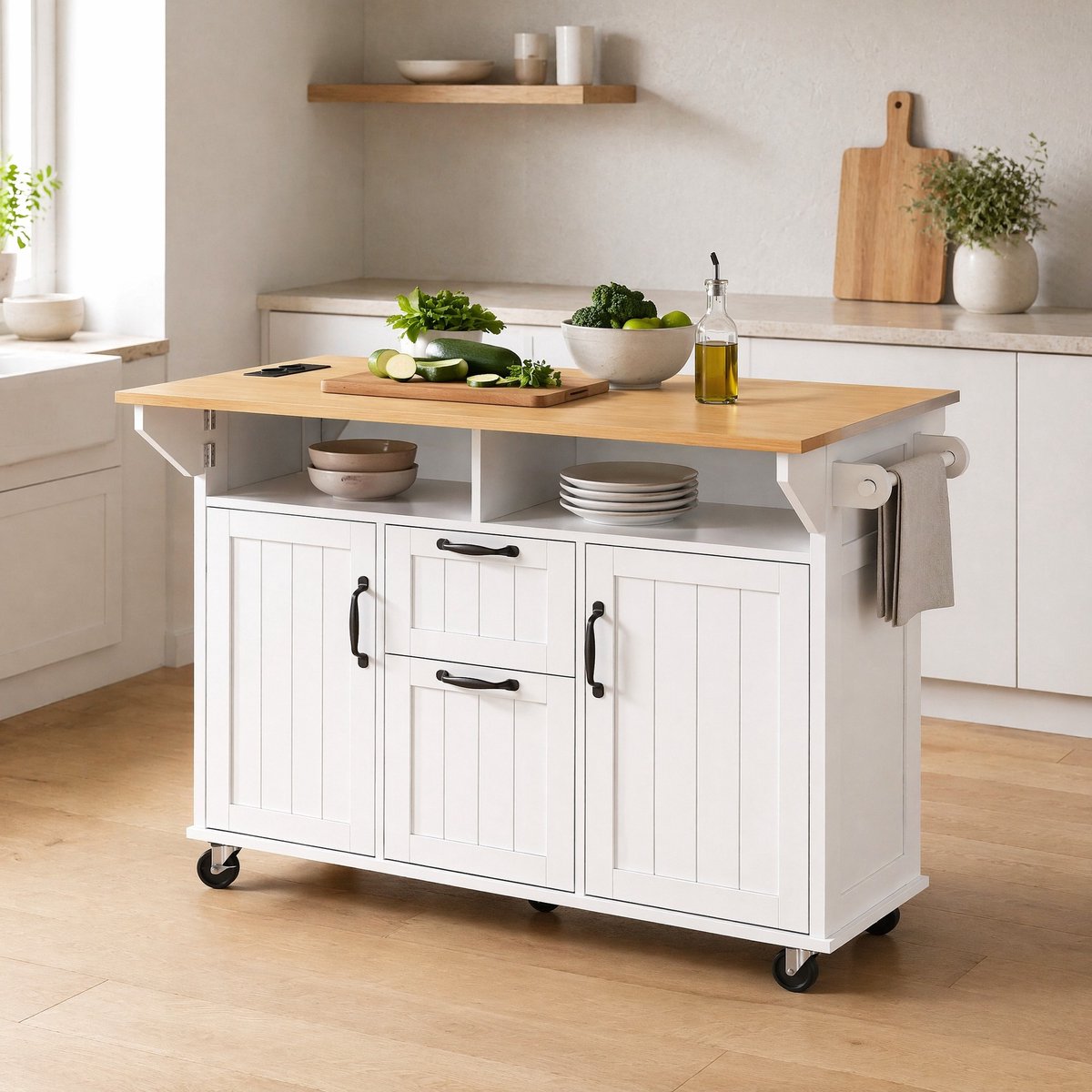 WUVRIE - Keukeneiland 120x40-60-80x92 cm - Uitklapbaar blad, stopcontacten en 5 wielen - Wit/naturel