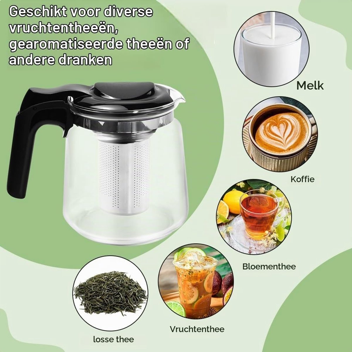 Stijlvolle glazen theepot van 1,5 liter met roestvrijstalen filter, ideaal voor groene, zwarte en kruiden thee — cadeau in Kookcadeaus - foto 5