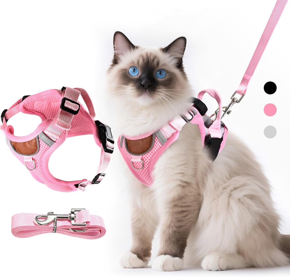 Kattentuig met riem, anti-ontsnapping, kattenborstharnas met reflecterende strepen en ademend netweefsel, zacht harnas voor katten, kittens puppy's (roze, S)