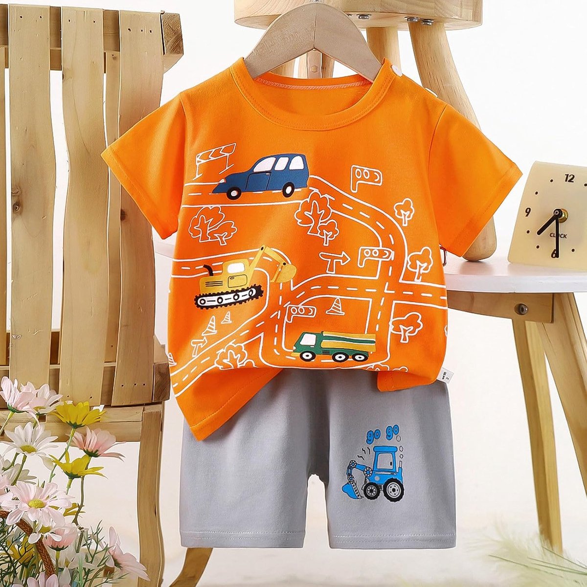 2-delige set voor jongens, zomer, katoen, T-shirt, shorts, kinderen, school, vakantie, sport, ademend, hoogwaardig, voor kleine jongens, A28