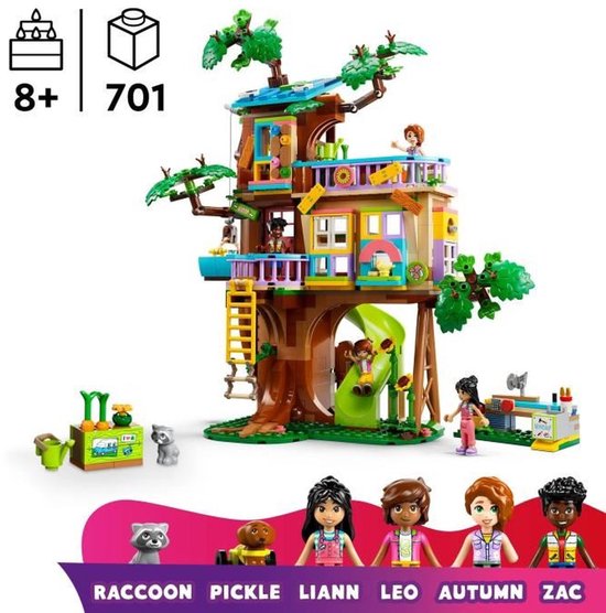 LEGO Friends boomhut met speelgoedhuisje, glijbaan, trap, figuurtjes en dieren: wasbeer, hondje, Liann, Leo, Autumn, Zac.