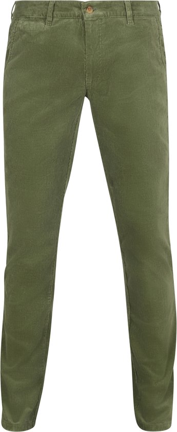 Groene corduroy chino broek met ribstructuur.